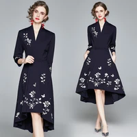 simgent high low dress women three quarter sleeve v neck hi lo elegant vintage office work wear dress vestidos jurken sg010303