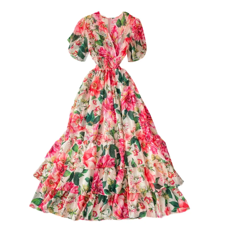 

Summer Women V-Neck Butterfly Sleeve Elastic Slim Long Dress High Quality Runway Gorgeous Flowers Print Cake Hem Maxi Dress