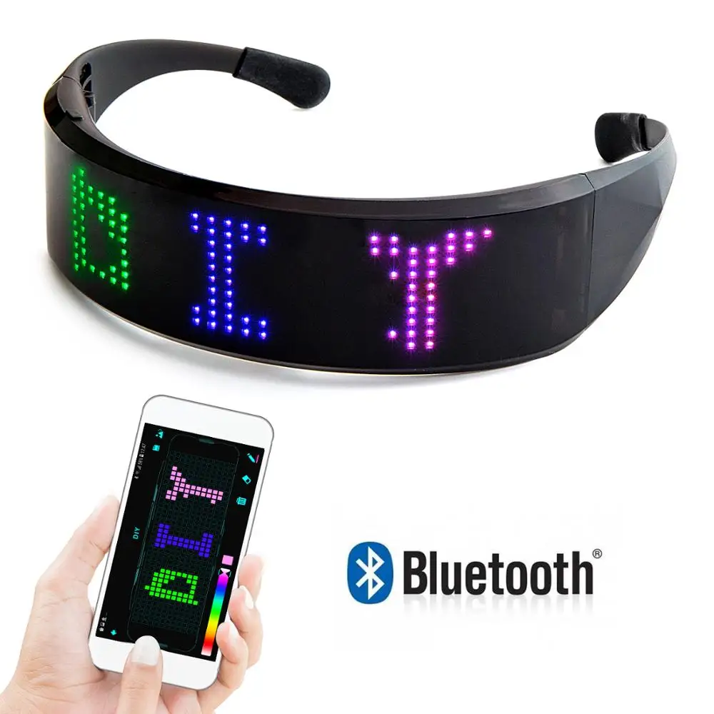 구매 블루투스 LED 안경 앱 제어 매력적인 풀 컬러 매력적인 스크롤 충전식 LED 디스플레이 안경, DJ 음악 파티용