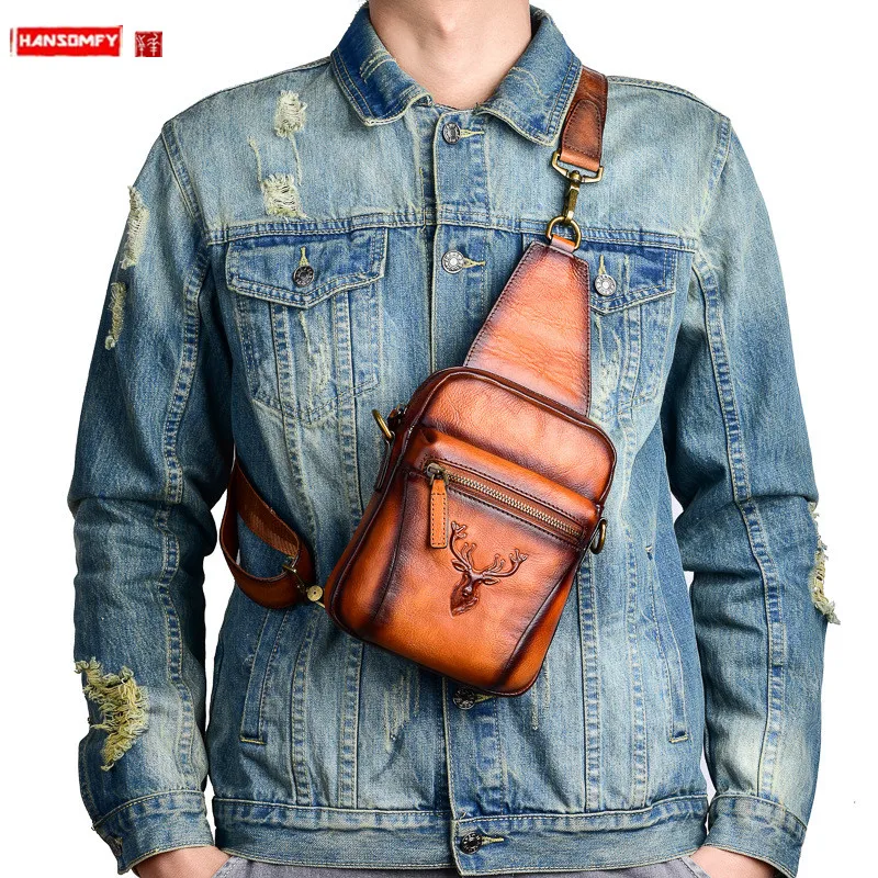 Vintage Leather  small crossboday Bags Men Chest Bag Male Deer head Shouler Messenger Bag casual Short Trip Chest Pack 2021 New