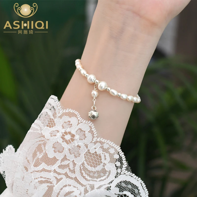 

ASHIQI Natural Freshwater Pearl Bell Bracelet Elastic Rope Fashion Jewelry Women