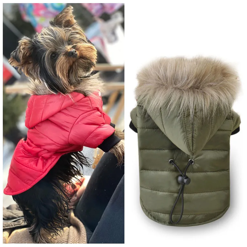 Зимнее теплое пальто для собаки с меховым воротником ветрозащитная толстовка