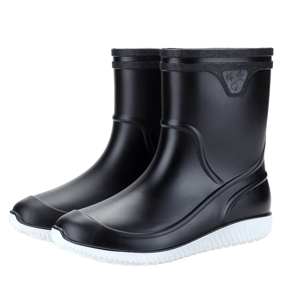 

Vogue PVC Waterproof RainBoots Waterproof Flat Shoes Men Black Rainboots Blue Rubber Ankle Boots Buckle Botas Chic Hot