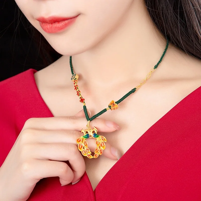

OMHXZJ Wholesale NA522 European Fashion Fine Woman Girl Party Birthday Wedding Gift Vintage Peacock 24KT Gold Pendant Necklace
