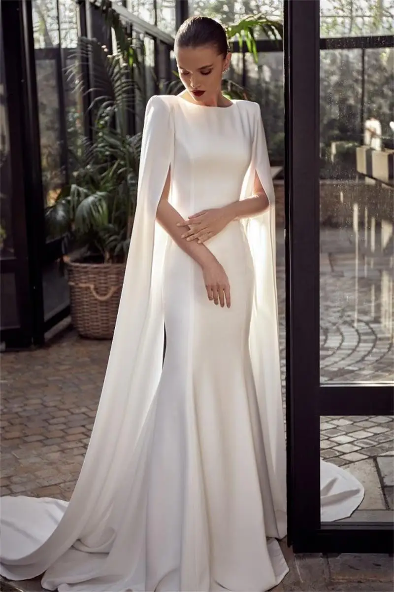 

Mermaid Wedding Dresses With Long Cap Elegant Satin Bride Dress Lace Appliques Buttons Wedding Gowns Vestido De Noiva