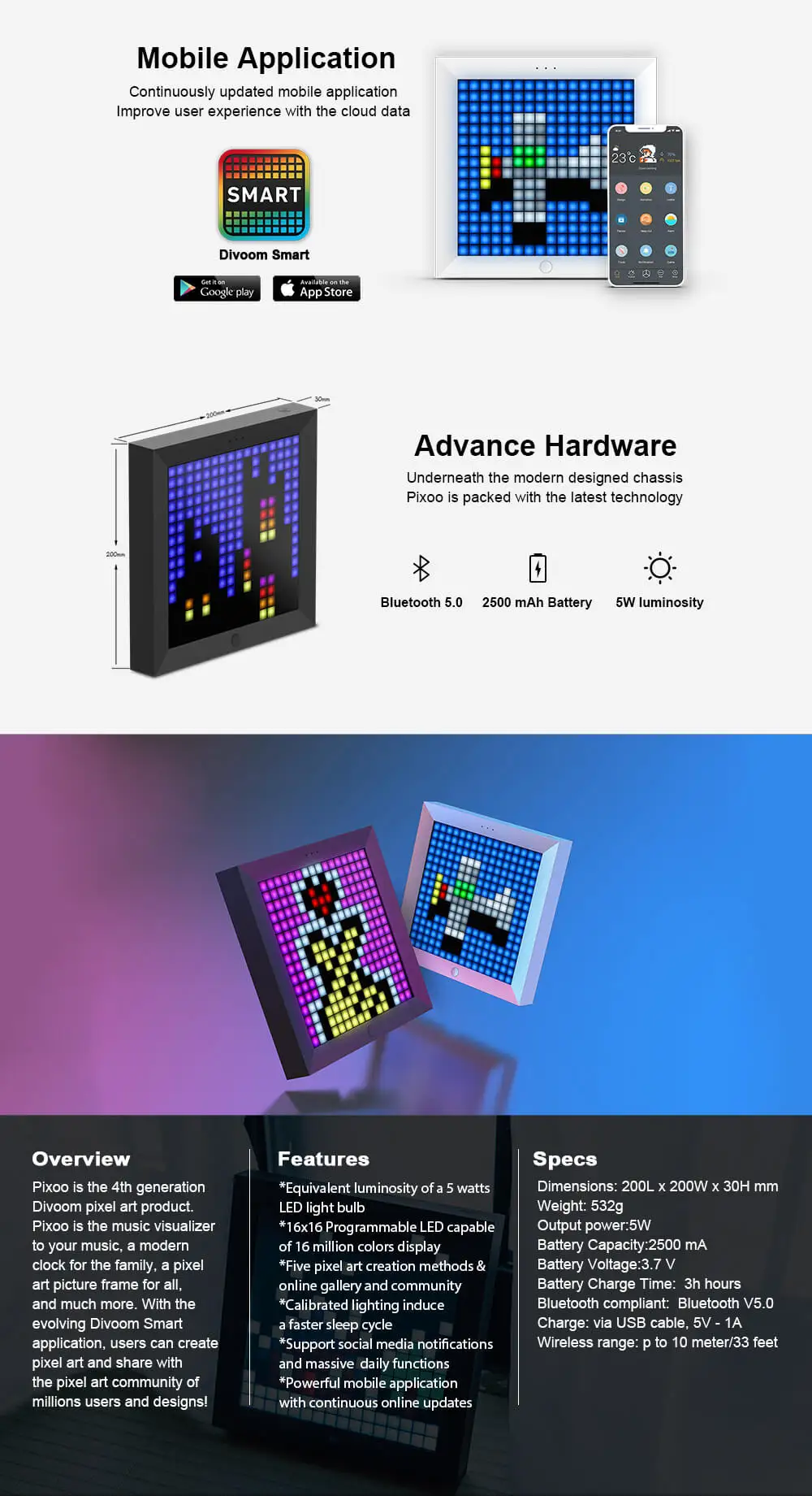 Divoom Pixoo умные часы Будильник bluetooth цифровая рамка pixel art светодиодный светильник знак DIY через приложение умный дом украшение Рождественский подарок