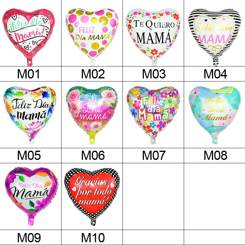 

5pcs/lot 18inch Printed Spanish Mother Foil Balloons Happy Mother's Day Love Heart Shaped Helium Globos Decoration Mama Balloon