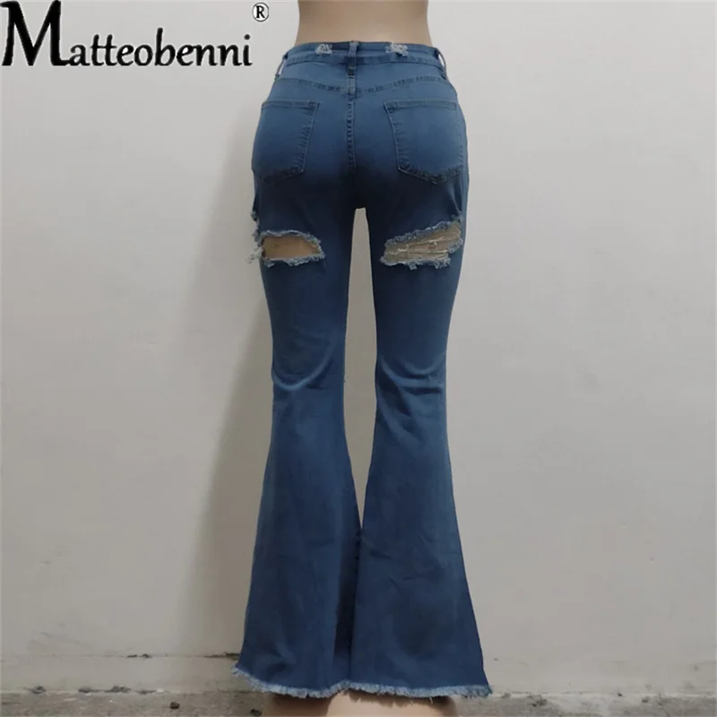 2021 Women's Jeans Flared Long Trousers Fashion Trend Stitching Stretch Ripped Holes Slim Fit Fall New Arrival Ladies Jeans images - 6