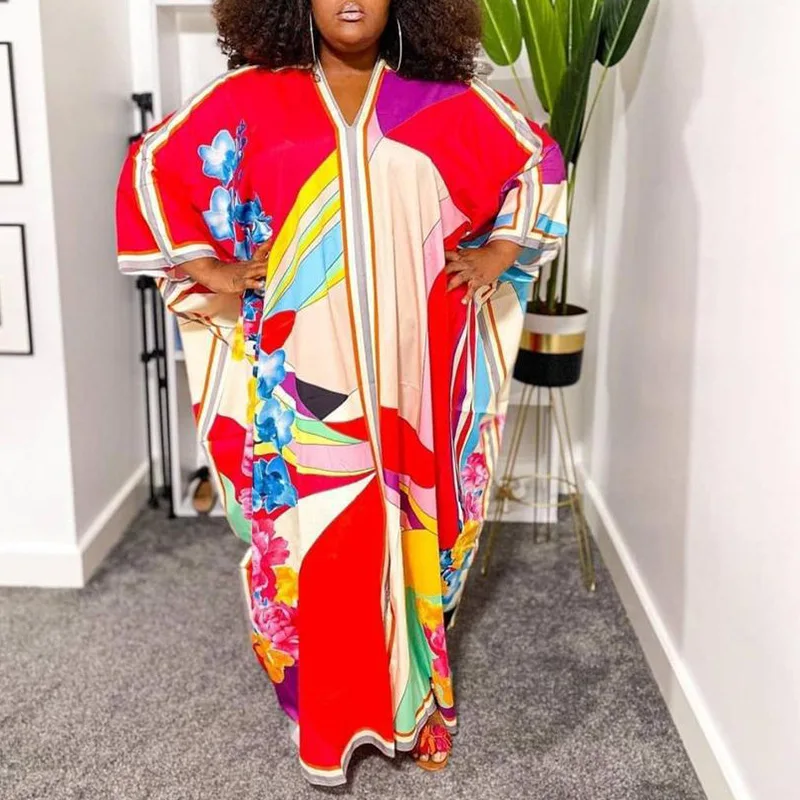 

Свободные халаты из Анкары для женщин, мусульманские платья, Дашики с V-образным вырезом и рукавом летучая мышь, макси-платье, Boubou, Африканск...