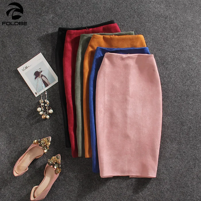 

FOLOBE Sexy Skirts for Women Pencil Skirt Girls 2021 Autumn Solid Split High Waist Suede Knee-Length Skirt Office Lady