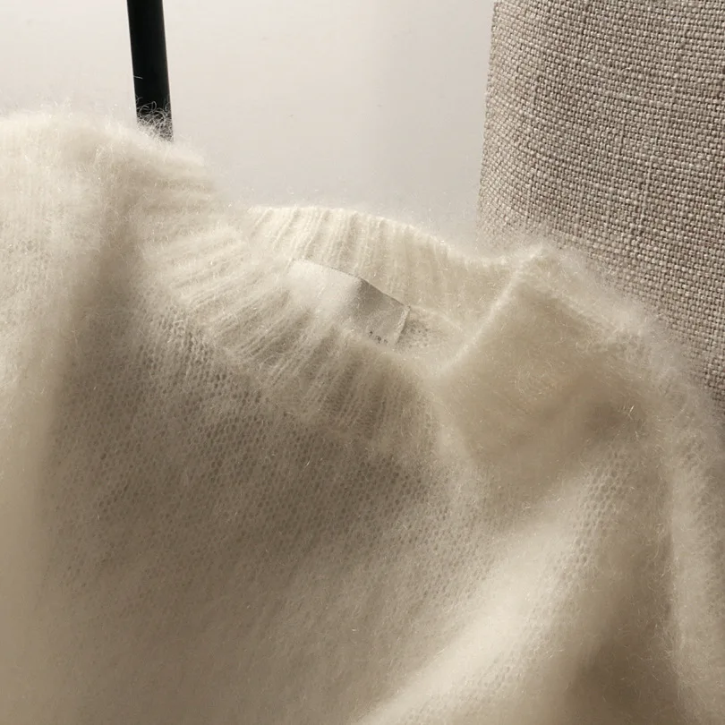 

2020 autumn white mohair wool women's sweater new round neck puff sleeve warm clothes knit sweater loose pullover women