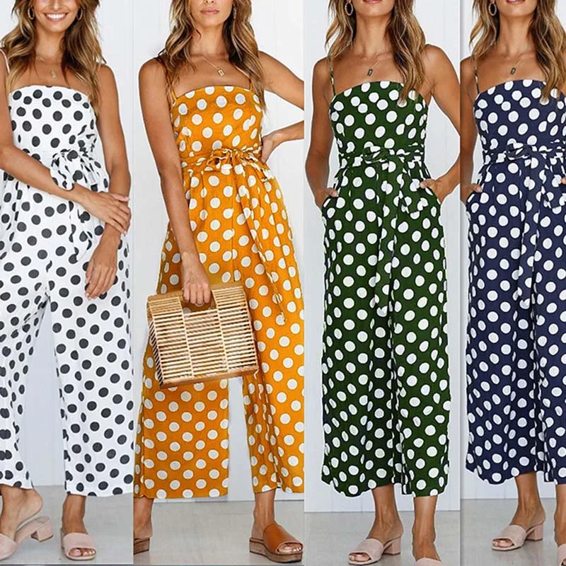 

Womens Strappy Holiday Playsuit Ladies Jumpsuit Beach Dot Printed Wide Leg for Summer TC21