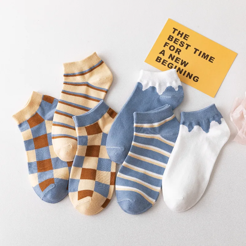 

12 pieces=6 pairs Light Chocolate Lattice Vintage Women Happy Socks Fashion Blue Girls Elegant Casual Casual Cotton Socks Summer