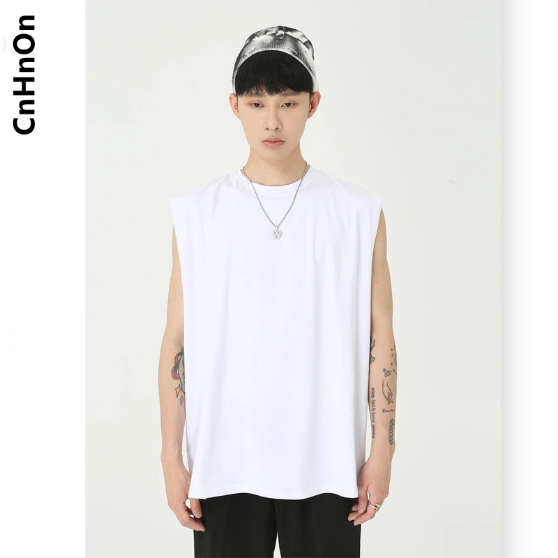 

Summer Korean style men's loose white waistcoat vest fitness sports sleeveless T-shirt trend M1-A-L39