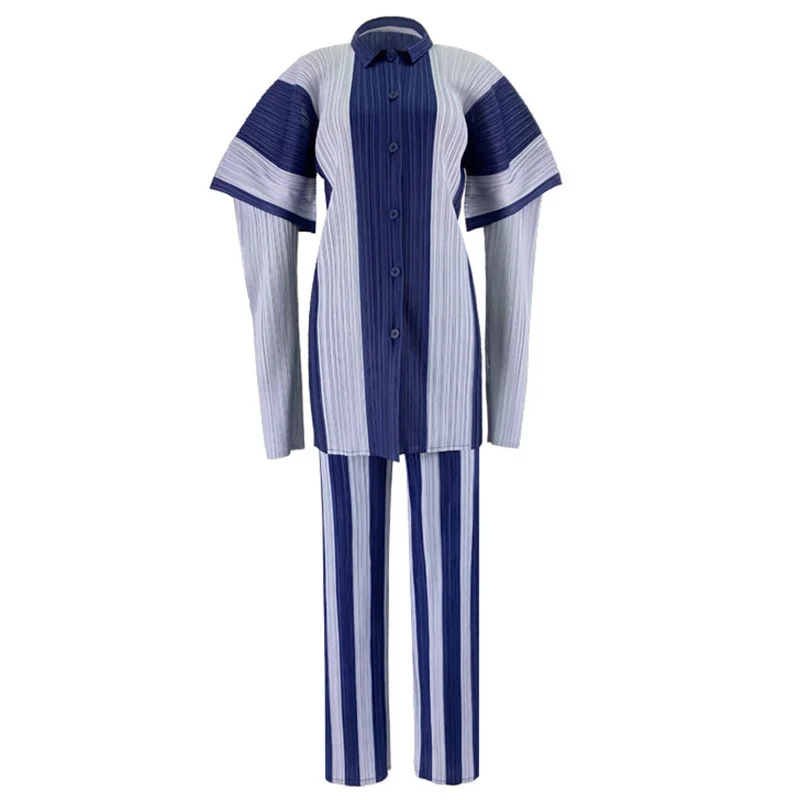 

LANMREM Wide Leg Pants Blue Pleated Two Piece Suit New Lapel Long Sleeve Blue Loose Women Fashion autumn winter 2021 2E1399