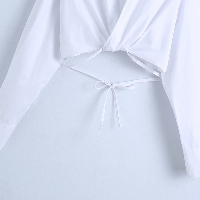 

2021 Spring Summer Women's Casual Solid Color V-neck Long-sleeved Bow-knot Decorated Short Shirt