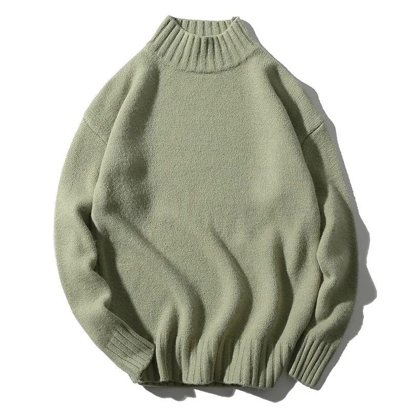 Большой вязаный мужской свитер в рубчик с высоким воротником милый зеленый