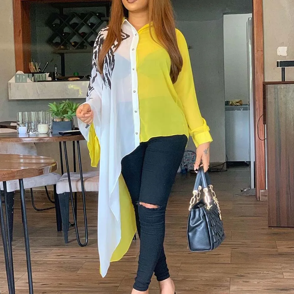 

Plus Size 3xl Color Block Yellow Asymmetrical Long Sleeve Blouse Shirt Women Afircan Office Ladies Casual 2020 Fall Autumn Tops