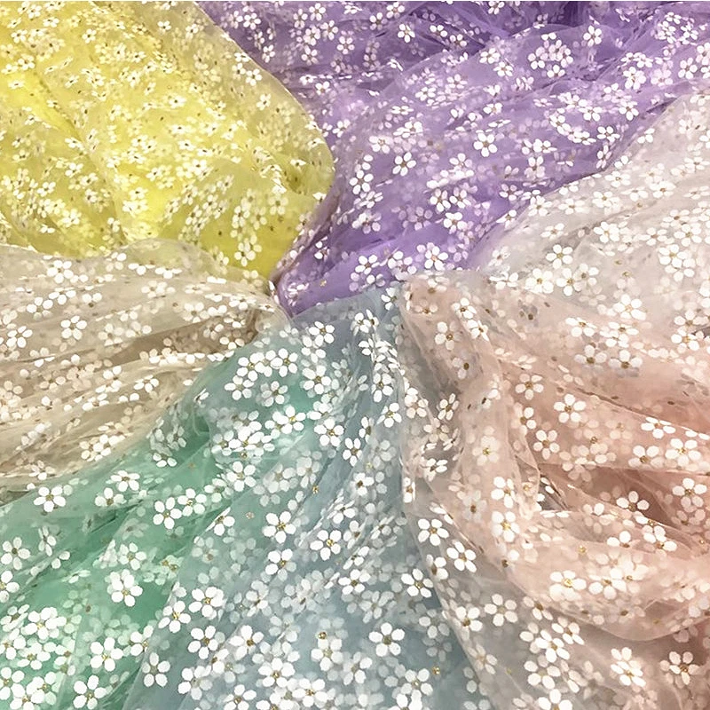 

Black, White, Pink, Green, Blue, Purple Soft Flowers Print Tulle Mesh Fabric For Girl Dress, Party Dress, By The Meter