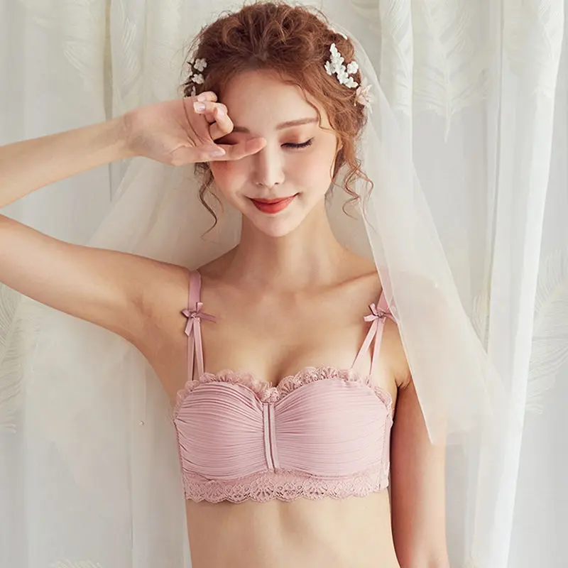 

Pleated Lace Comfy Women Party Wedding Underwear Sexy Sweet Strapless low Cut Push Up Bra Seamless Without-rim Gather Brassiere