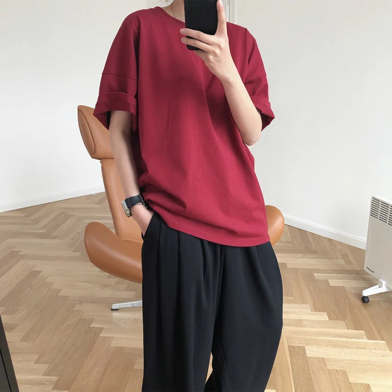 

Summer women's casual solid color round neck short-sleeved loose T-shirt