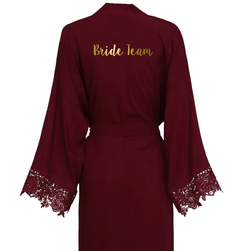 Женский хлопковый банный халат yuxinbrid бордовое однотонное кимоно с кружевом белый