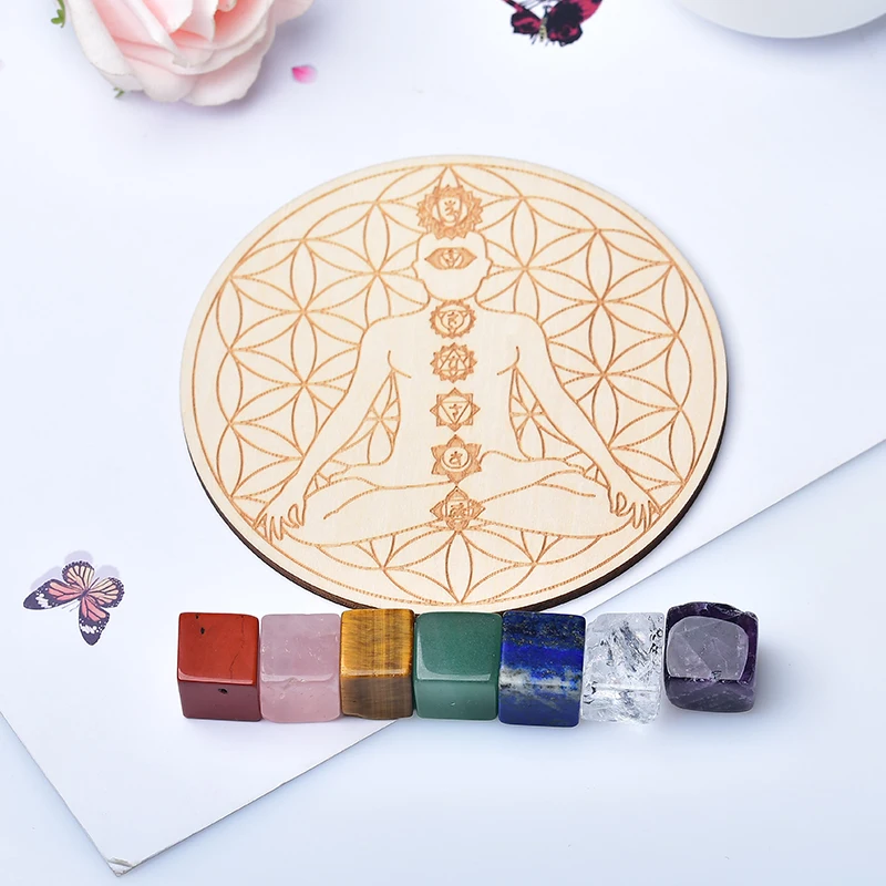 

7pcs/set Natural Crystal Stone Cube Mixed Seven Chakra Healing Stone Seven Star Array Wood Plate Yoga Chakra Home Decor Gift