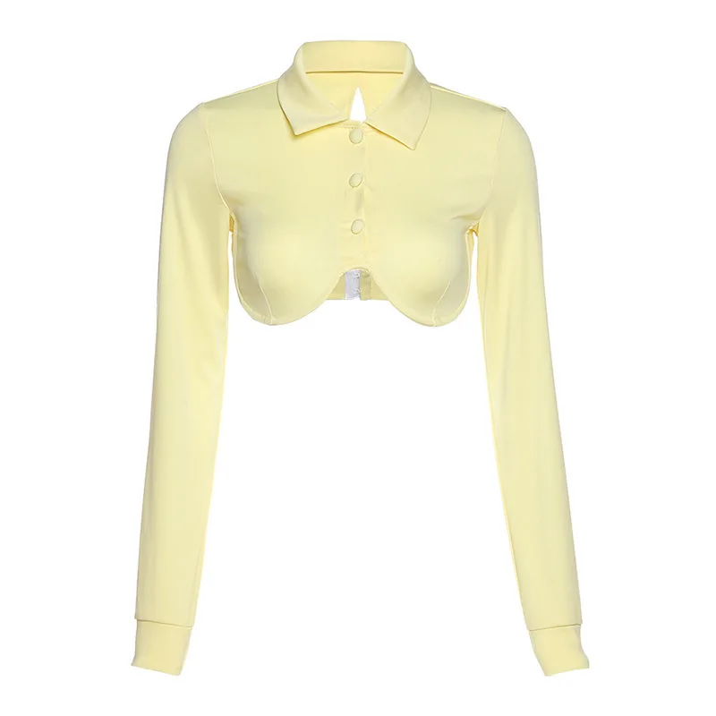 

Fashion Cut Out Hole Basic Turn-Down Collar Woman T-Shirts Casual Street Solid Long-Sleeve Crop Top Female Summer