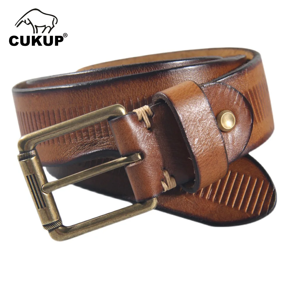 CUKUP Unique Design Cowhide Leather Belts Men's Brass Retro Style Pin Buckle Metal Belt for Men Jeans Accessories 3.8cm NCK1037