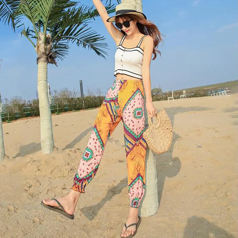 Новые богемные шаровары готические штаны тонкие женские с принтом пляжные до