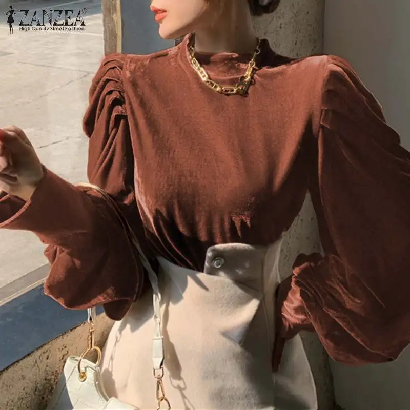 

2022 ZANZEA Fashion OL Women Velvet Blouse Shirts Oversized Spring Autumn Puff Sleeve Turtleneck Tops Tunic Casual Solid Blusa 7