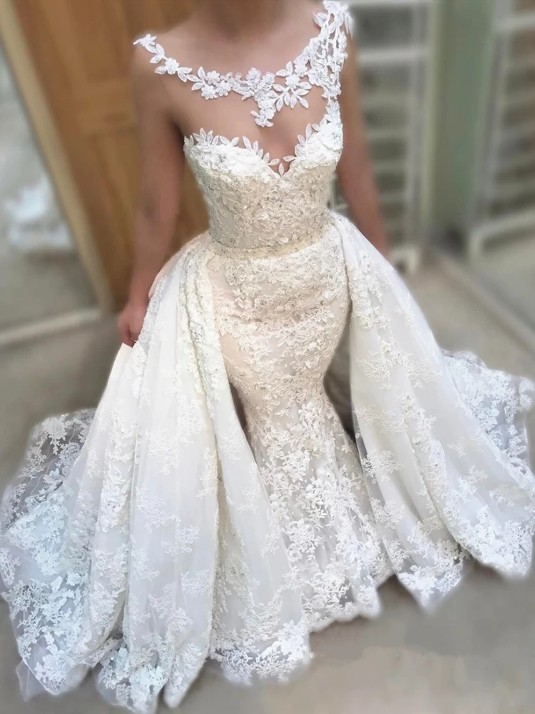 

2 Pieces Detachable Trail Wedding Dresses with Removable Overskirt Lace Sheer Neck Gorgeous vestido de noiva Bridal Gowns