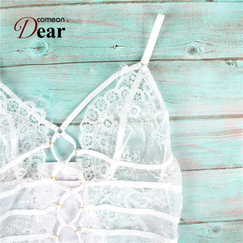 

Comeondear Women High Quality Lace Sexy Hollow Out Conjoined Underwear Teddy Erotic Lingerie Transparent Plus Size RA80821