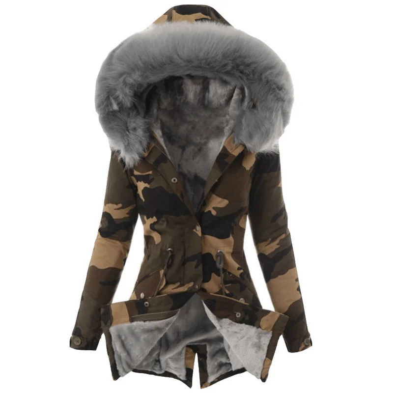 

New Camouflage Plush Jackets Ladies Hooded Pocket Winter Coat Fashion Stand Collar Parka Slim Thick Long Sleeve Cotton Outwears
