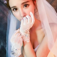 bridal white gloves wedding ceremony tulle fingers short crystals charm gloves female marriage engagement ceremony party