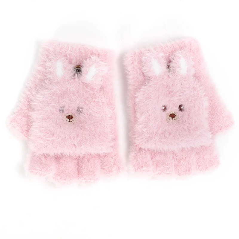 Light pink Милые уши женские перчатки зимние мохер половина пальца полный палец двойного назначения перчатки девушки одноцветные перчатки флип теплые зимние перчатки - Цвет: Light pink