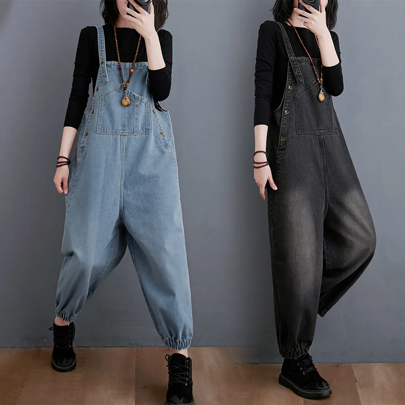 

Женский джинсовый комбинезон, повседневный свободный джинсовый комбинезон на бретелях-спагетти с карманами, весна-осень размера плюс