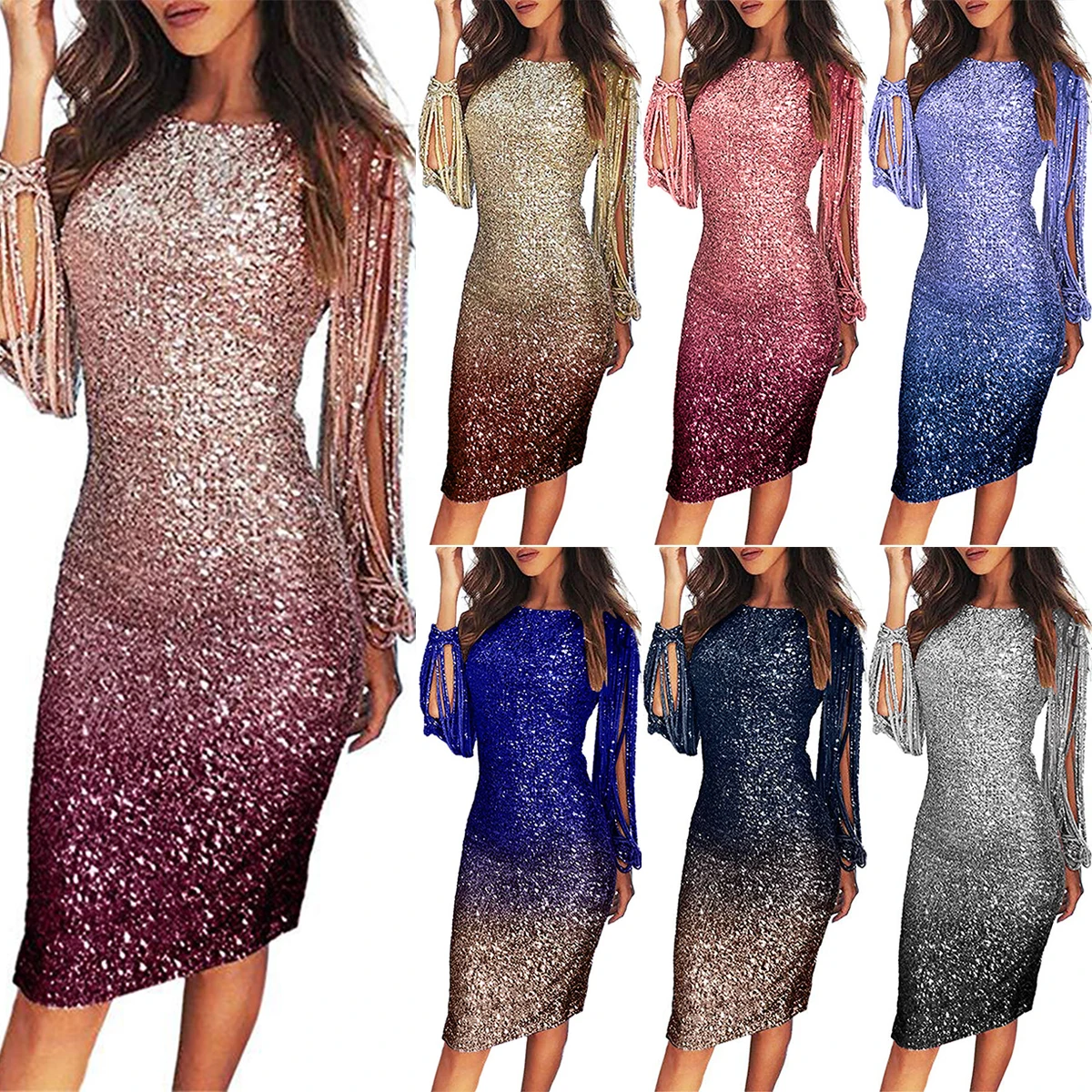 Женское элегантное вечернее платье с бахромой длинным рукавом и градиентными