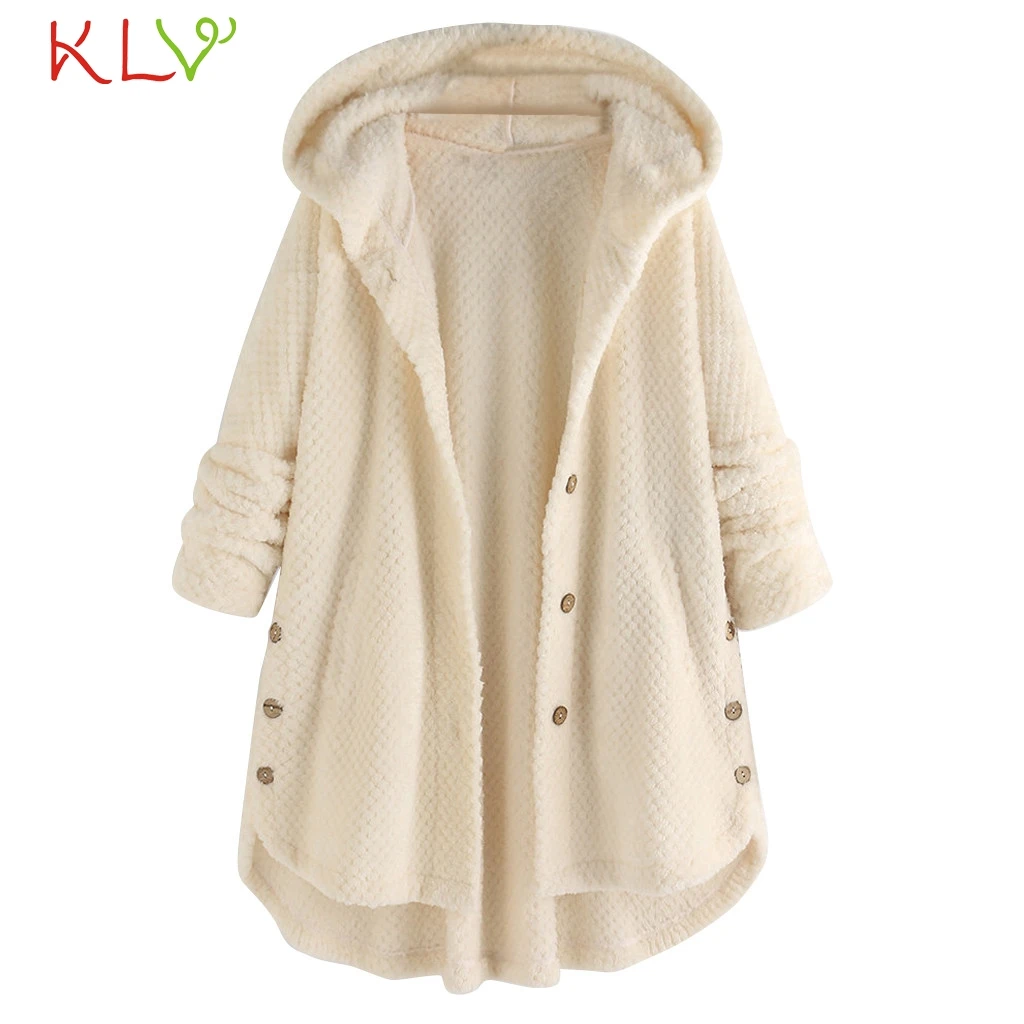 White Women Jacket Hooded Fleece Pocket Warm Winter Coat Fluffy Button Casual Top Outwear Clothes Plus Size Manteau Femme 5XL 19Oct - Color: White
