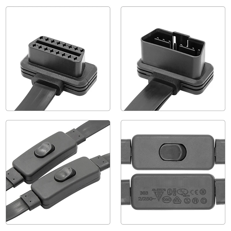 1 IN 2 Converted Flat Male to Dual Female Elbow 16Pin OBD Splitter Extension Cable OBD2 With Switch On Off |
