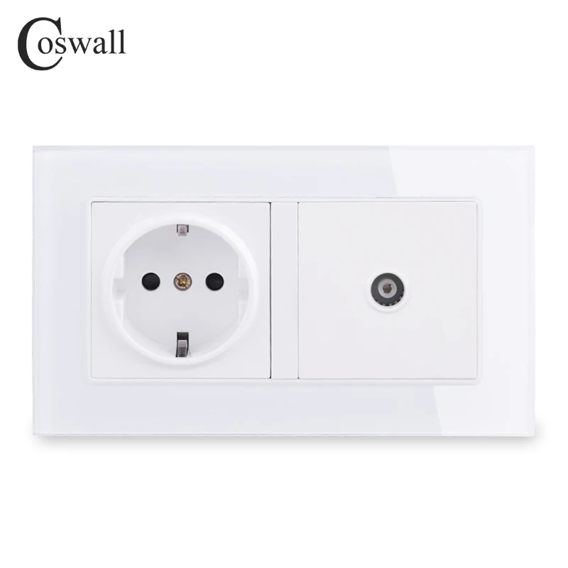 COSWALL 16A Россия Испания гнездо питания стандарта ЕС заземлен с женским ТВ Джек закаленное стекло панель - Тип: white