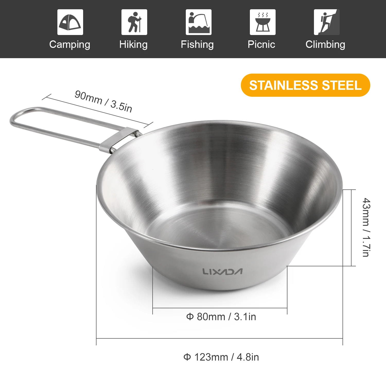 Lixada Camping Bowl Titanium &amp Stainless Steel with Foldable Handle for Outdoor Hiking Backpacking Picnic | Спорт и развлечения