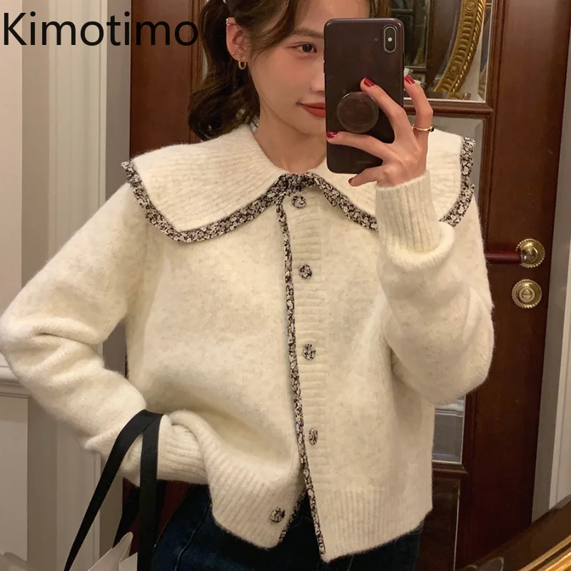 

Kimotimo Sweater Cardigan Women Korean Chic Gentle Peter Pan Collar Lace Spliced Knit Coat Autumn Winter Long Sleeve Cardigans