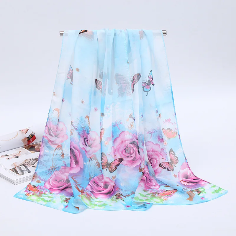 

2021 spring new Korean thin style print chiffon silk scarf ladies yarn towel air conditioning shawl multi-purpose scarf