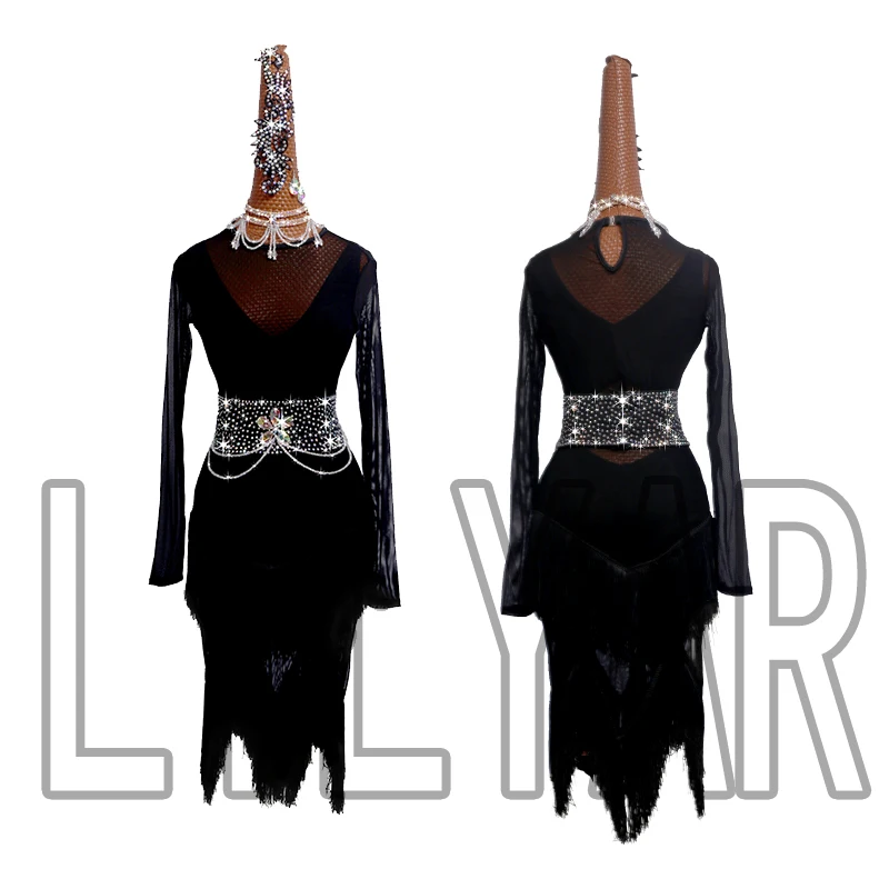 

Платье для латиноамериканских танцев, платье для соревнований, платье для выступлений, черное платье из двух частей на заказ для взрослых