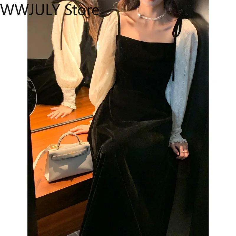 2022 Spring Black Velvet Dress Women Square Collar Vintage One Piece Dress Korean Office Lady Elegant Midi Dress Party Evening