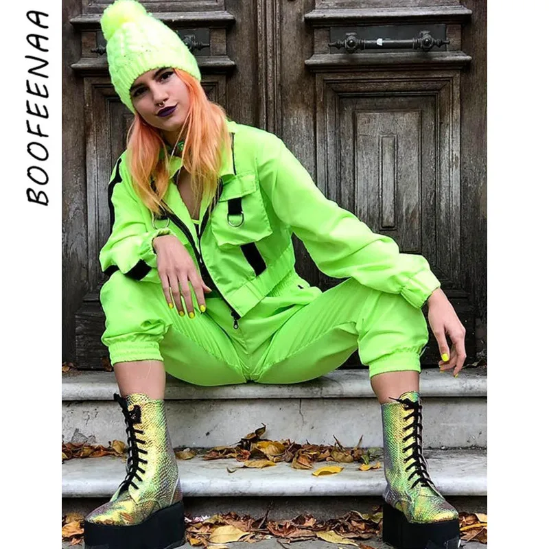 BOOFEENAA спортивный костюм женский из двух предметов топ и штаны неоновый зеленый