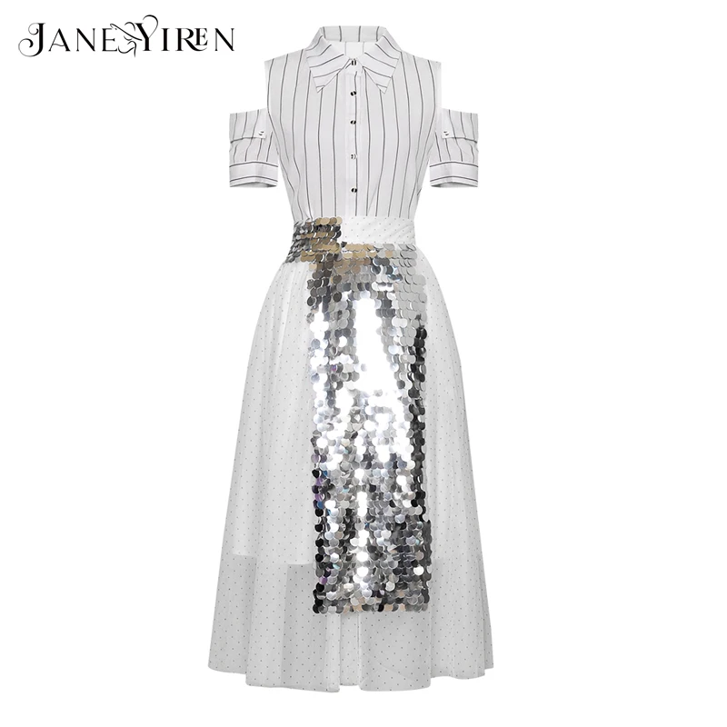 

Jianyiren Fashion Designer Set Spring Summer Women Short sleeve Stripe Shirt Tops+Mesh Sequin Skirt Two-piece suit
