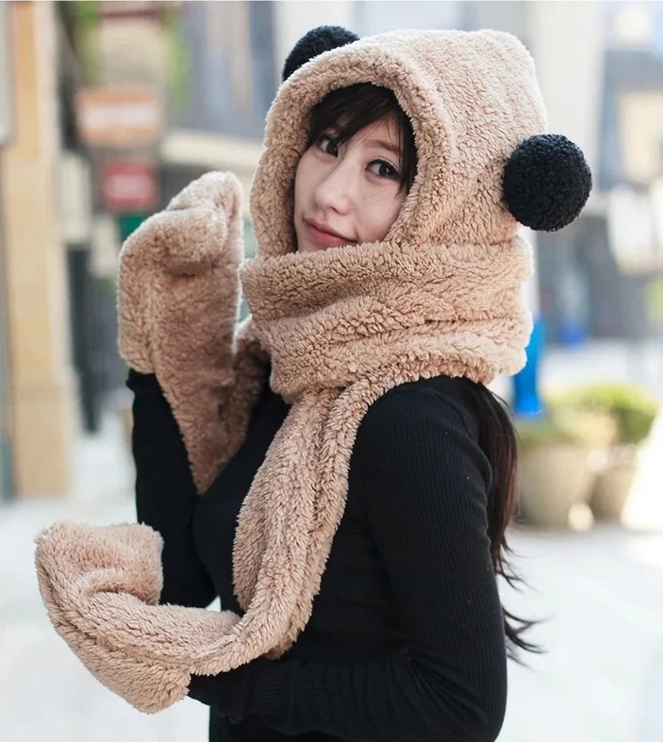

Winter Scarf Korean Version Three Piece Scarf Women's Hooded Women's Thickened Warm Hat Scarf Glove Integrated Scarf