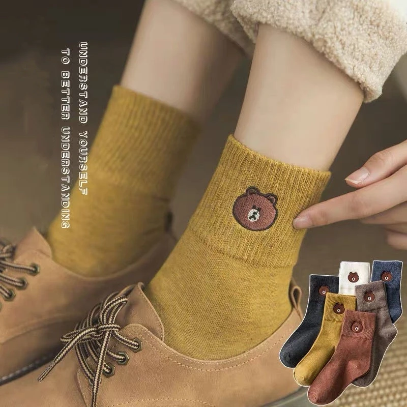 

5 пар, женские носки, красивые хлопковые носки, милые короткие женские носки с медвежонком, забавные женские носки, harajuku kawaii, длинные носки, л...